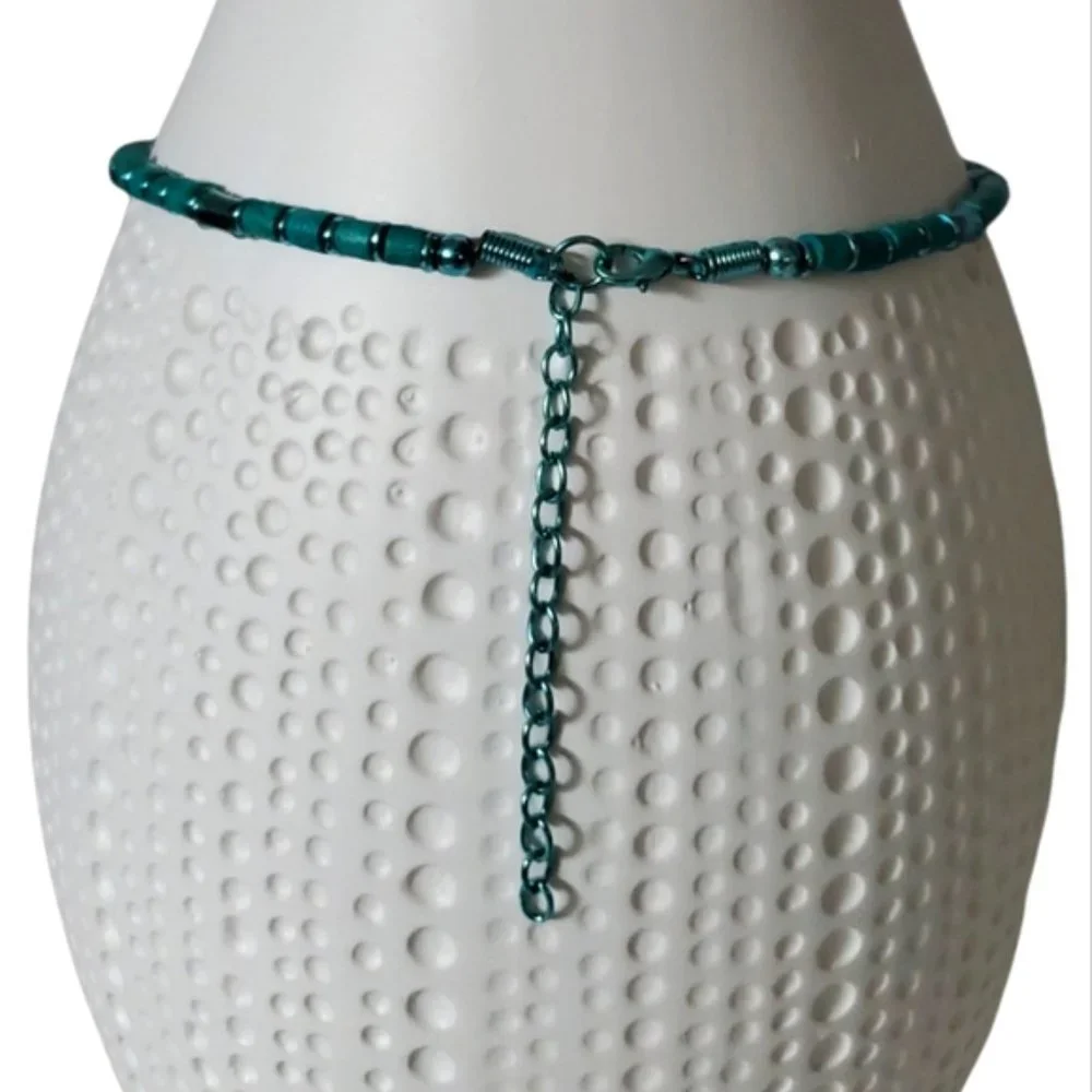 Teal/Turquoise Artisan Cylinder Beaded Choker with teal chain - Picture 2 of 2